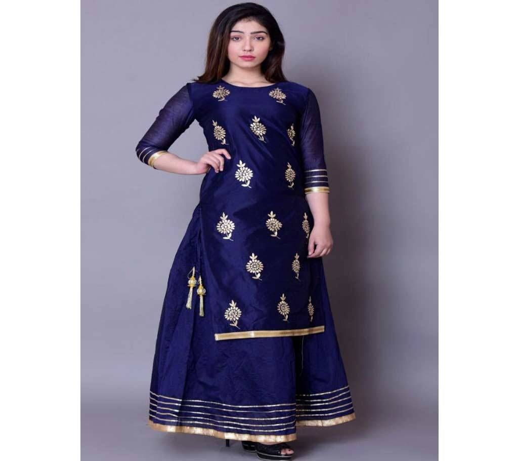 Blue Block Printed 2 Piece Salwar Kameez for Women-free size