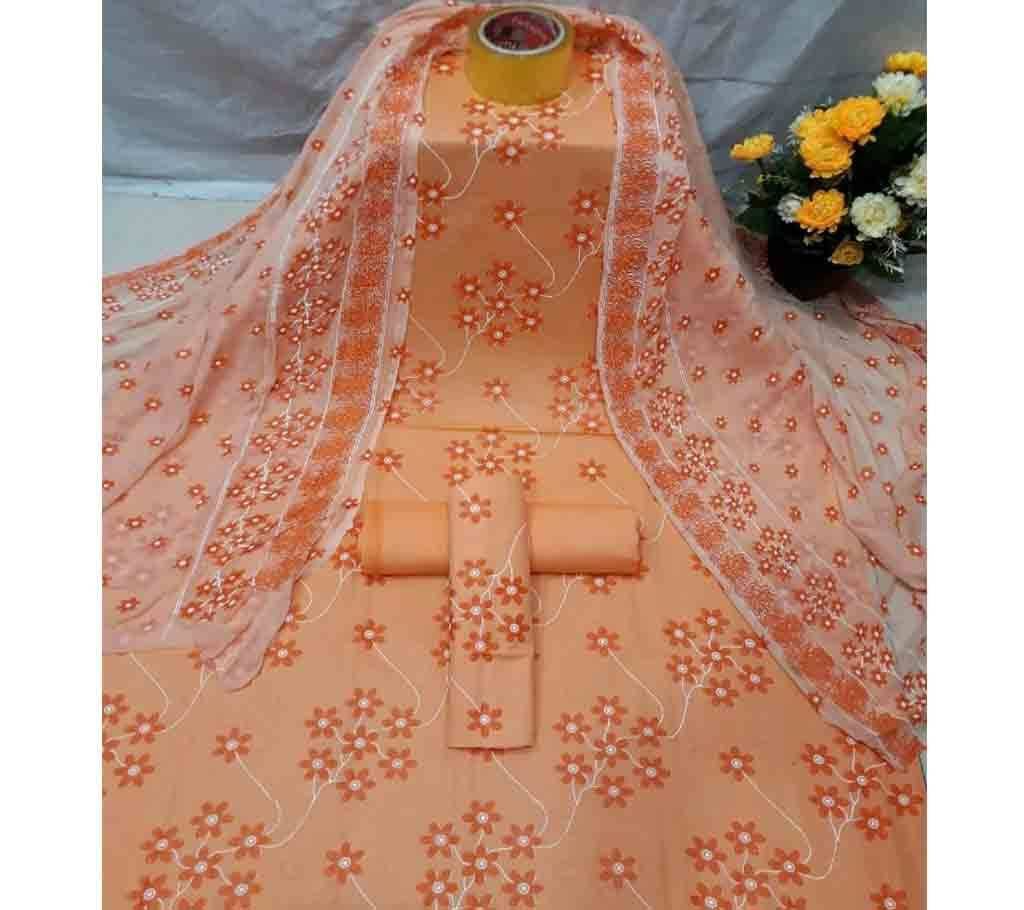 Cotton 3Pcs with Ambush Print Dupatta 05 - Orange - SLF