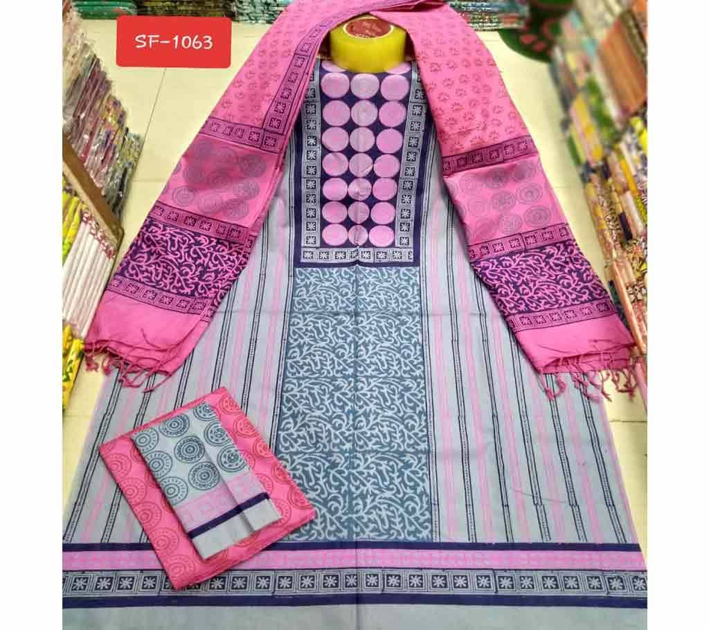 Block Printed Unstitched Three Piece- Cotton 