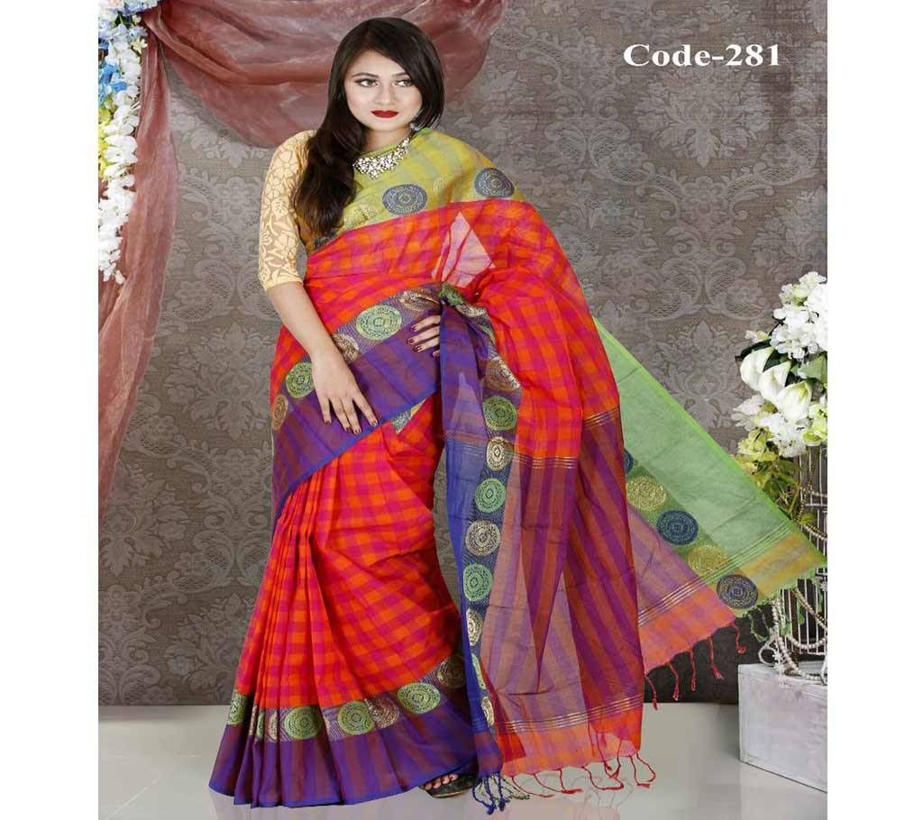 Red & Orange Multi Color Cotton Sharee