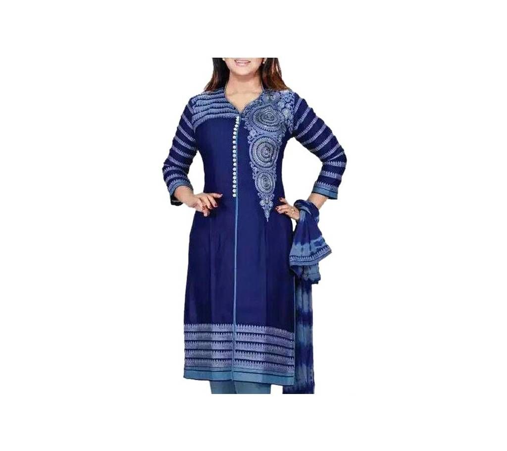 Blue Cotton Un-stitched Block Printed Salwar Kameez For Women