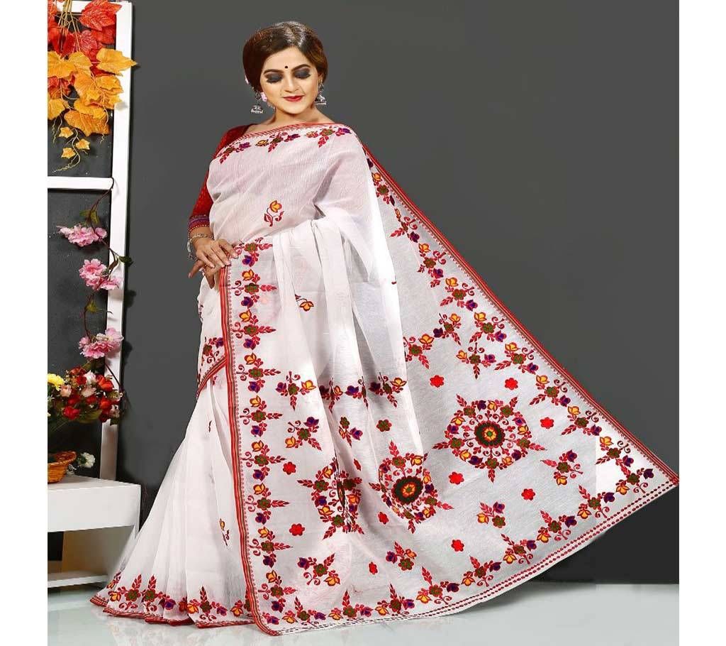 Off White and Colorful Flower Design in Anchol and Whole Body Silk Sharee - 131