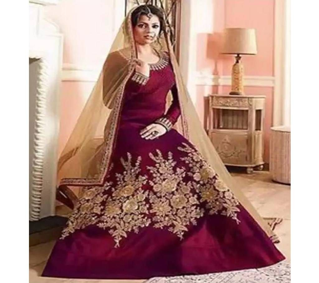 Unstiched Georgette Gown (Dark Magenta and Tan)