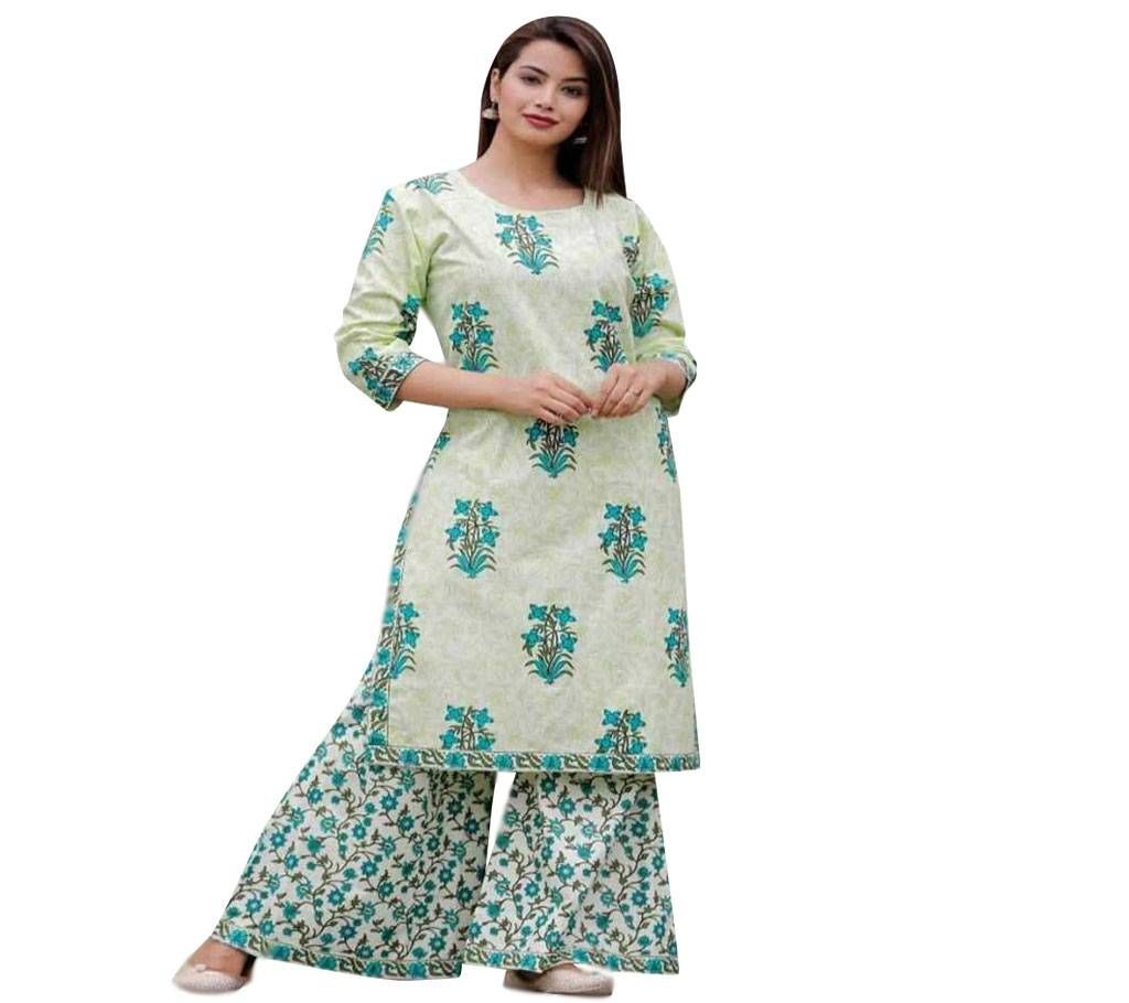 white and Paste Block Printed 2 Piece Salwar Kameez for Women-free size