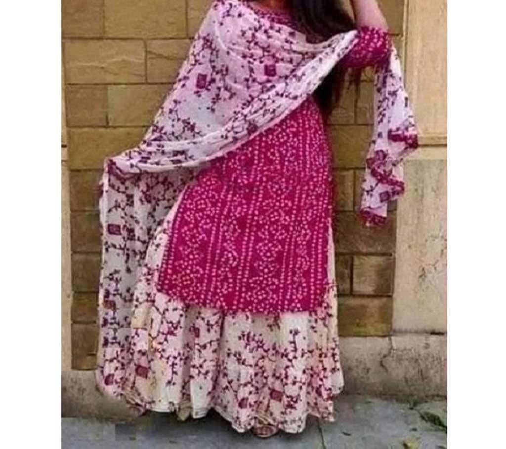 Deep Pink And White Block Printed Salwar Kameez For Women-free size