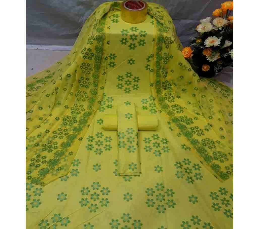 Cotton 3Pcs with Ambush Print Dupatta 04 - Lime Green - SLF