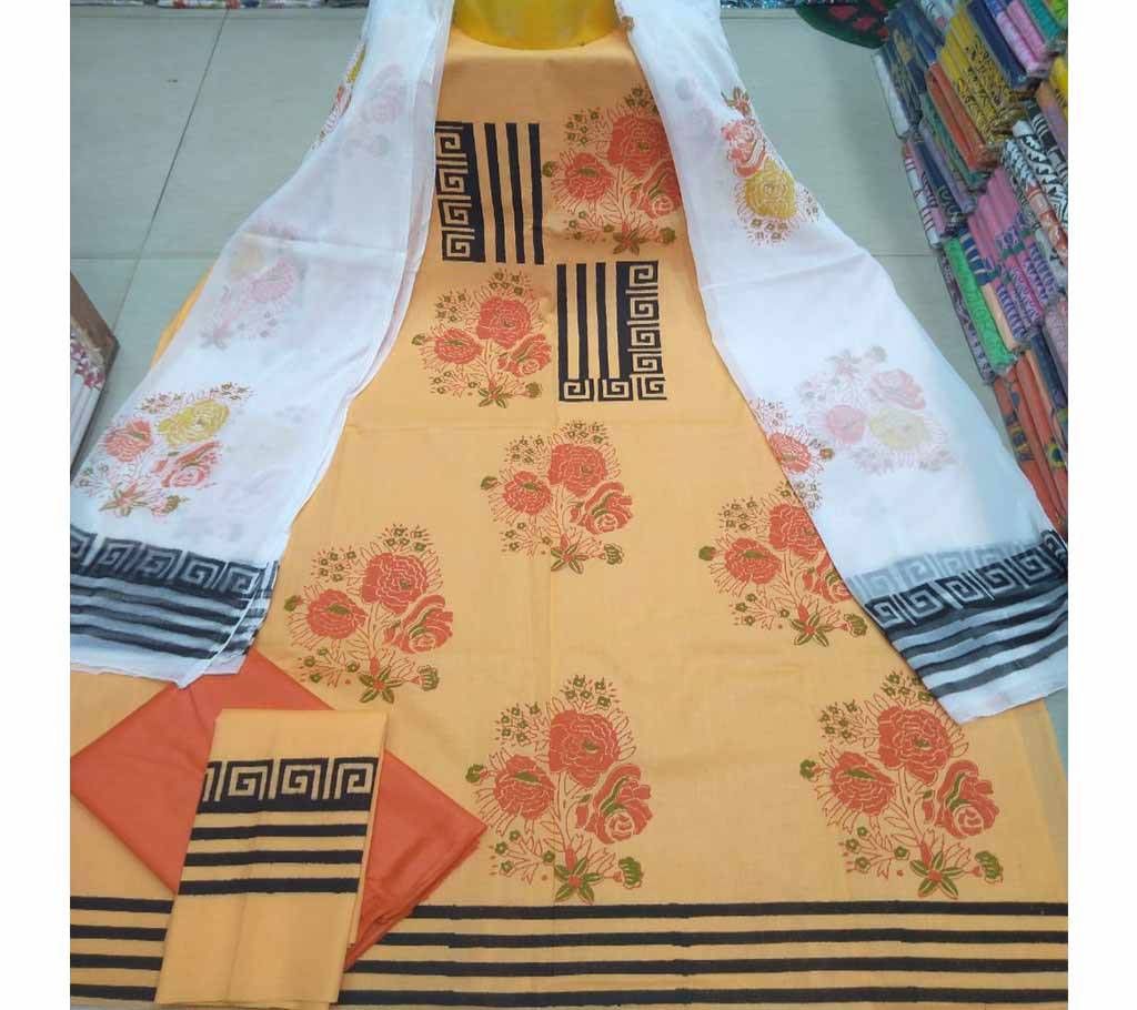 Block Printed Unstitched Cotton Three Piece - Cream Color 