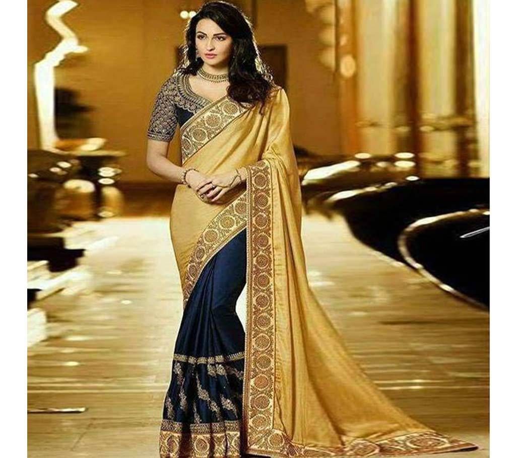 INDIAN GOLDEN & NAVY BLUE GREEN GEORGETTE SAREE FOR WOMEN