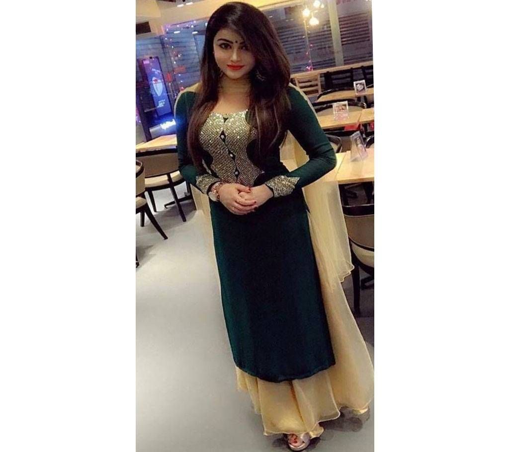Unstitched dark green and cream georgette salwar kameez