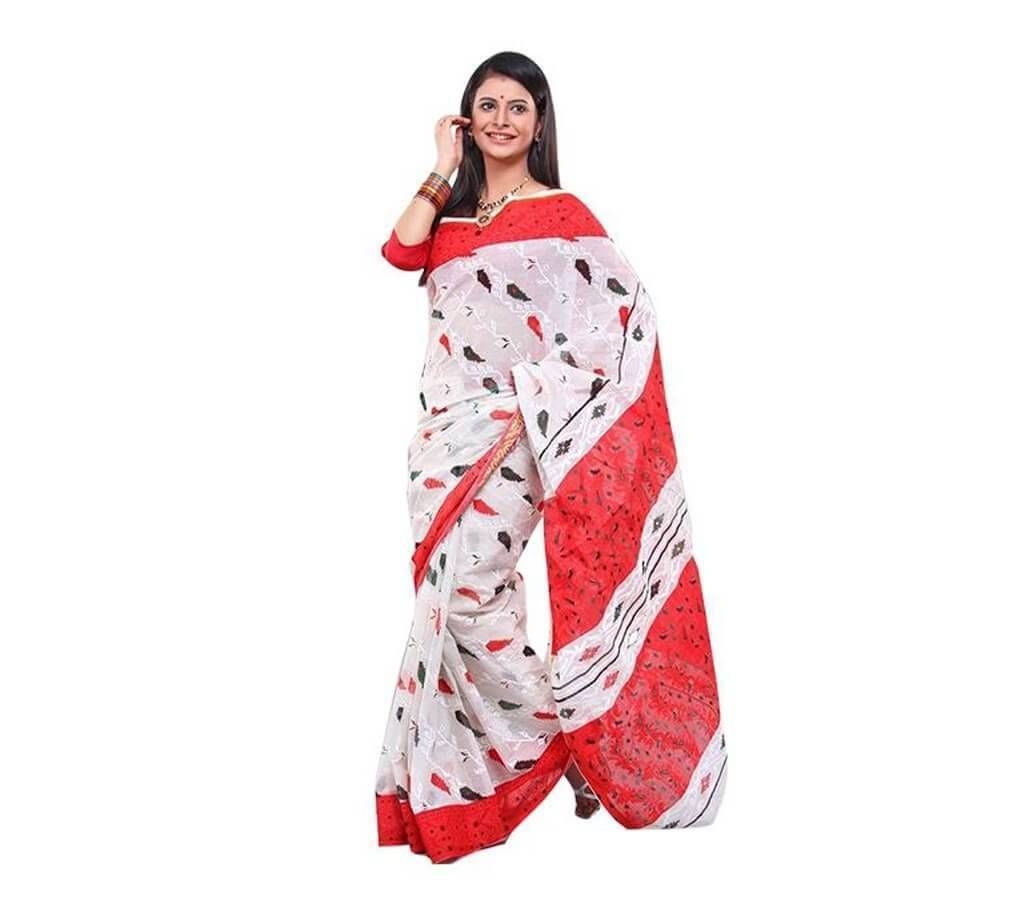 Screen Printed Red White Cotton Sharee 