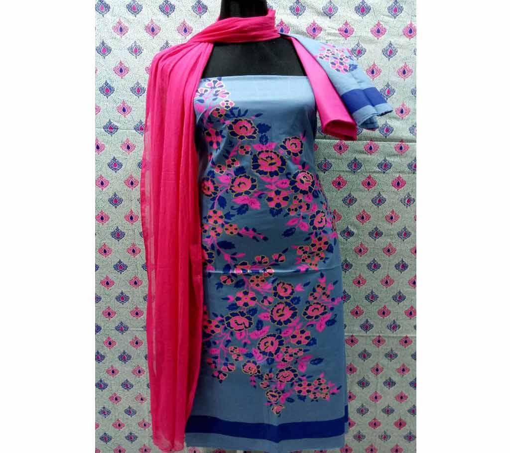 Unstitched Gray Cotton screen Printed Salwar Kameez for Women