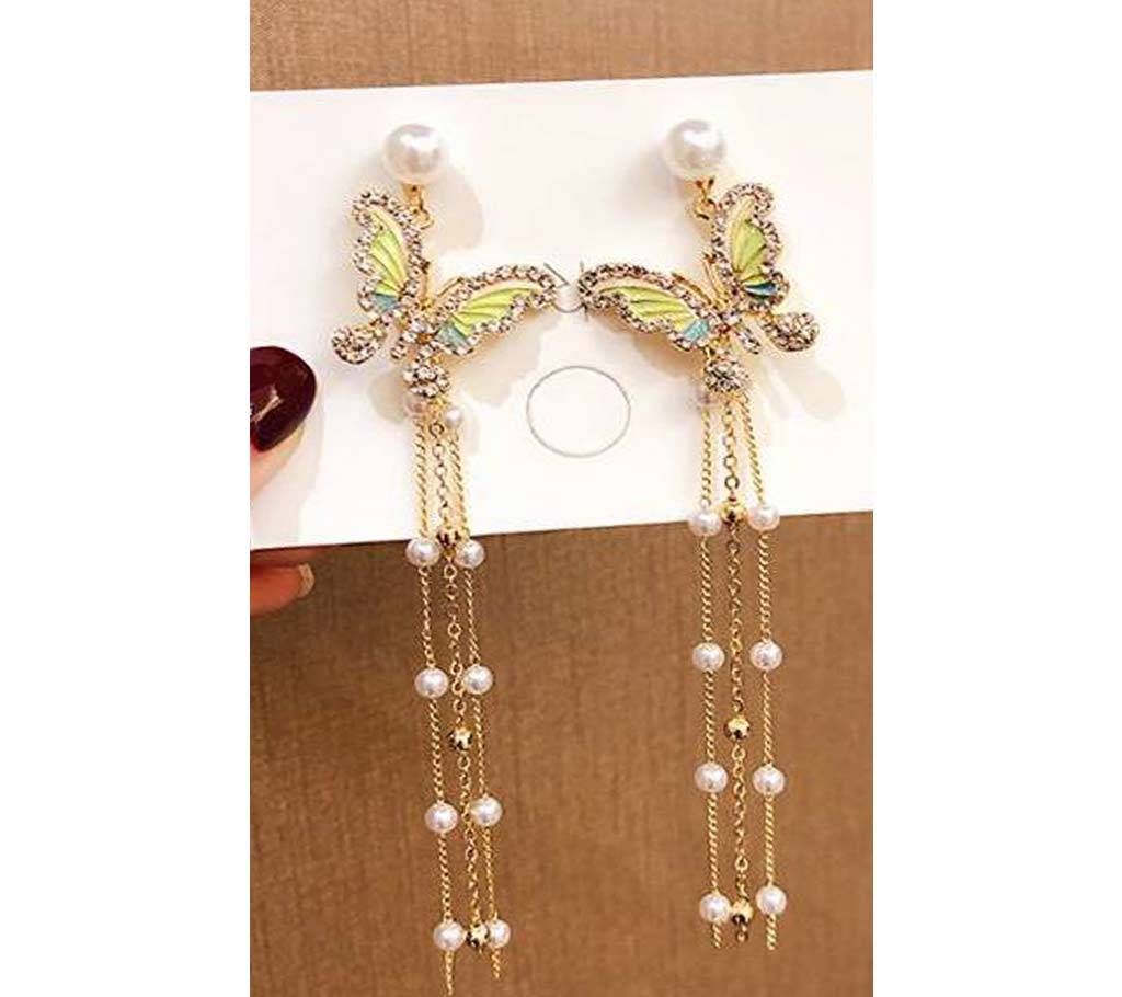 Elegant Rhinestone Butterfly Simulated Pearl Tassel Long Drop Earrings