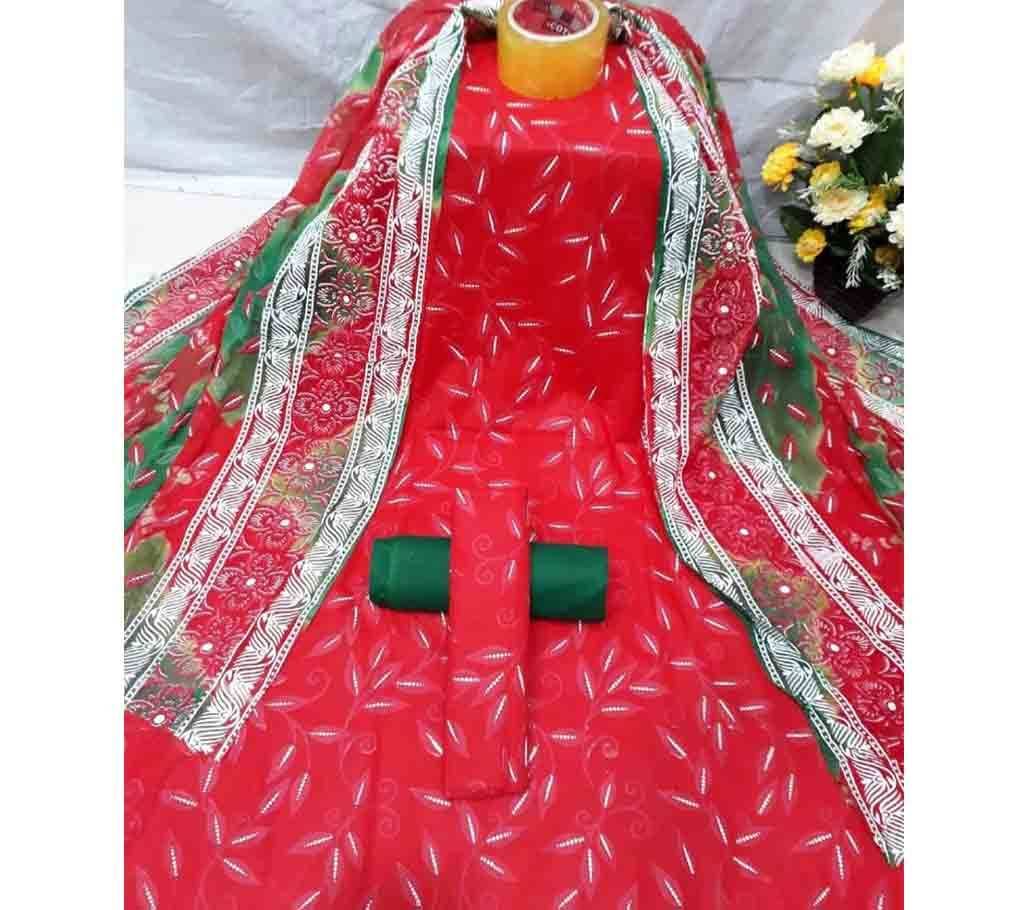 Cotton 3Pcs with Ambush Print Dupatta 03 - Red - SLF