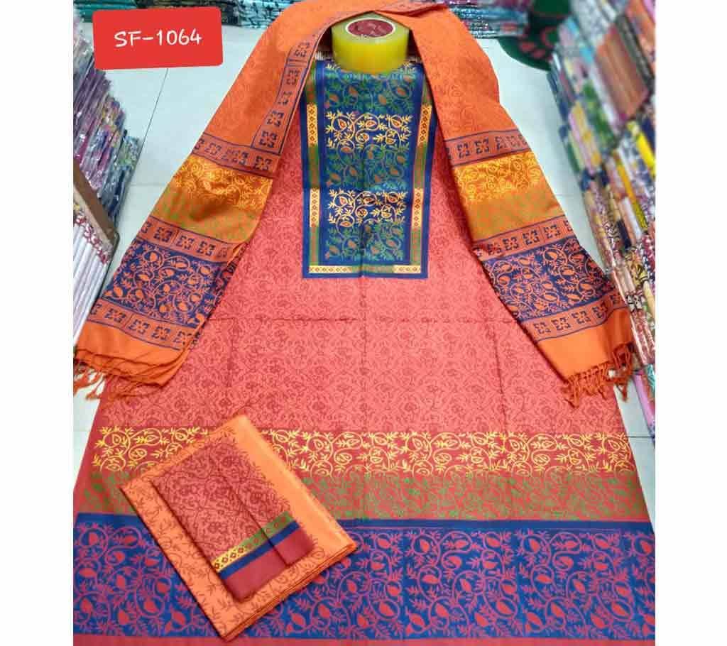 Block Printed Unstitched Cotton Three Piece - Rajdhani Voyel 
