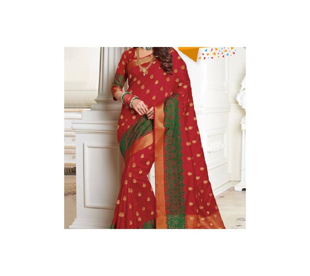 Red Indian Embroidery Work Silk Katan Saree