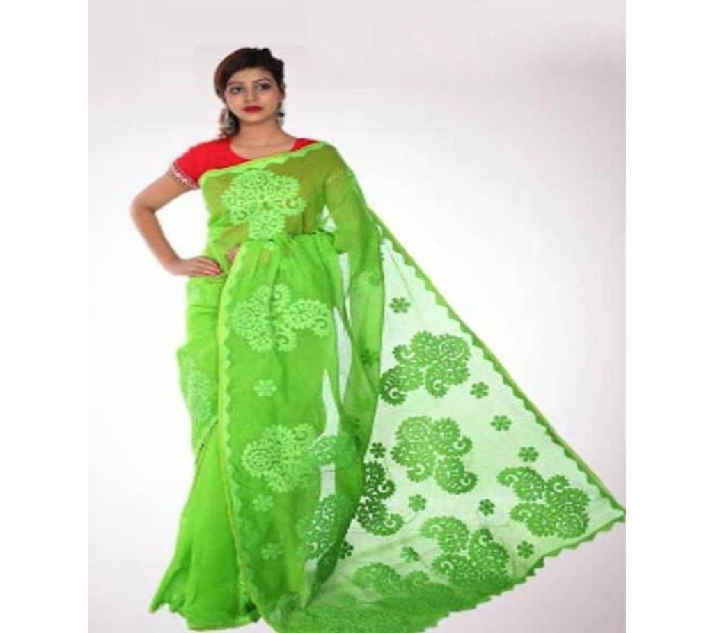 applique Half Silk saree green