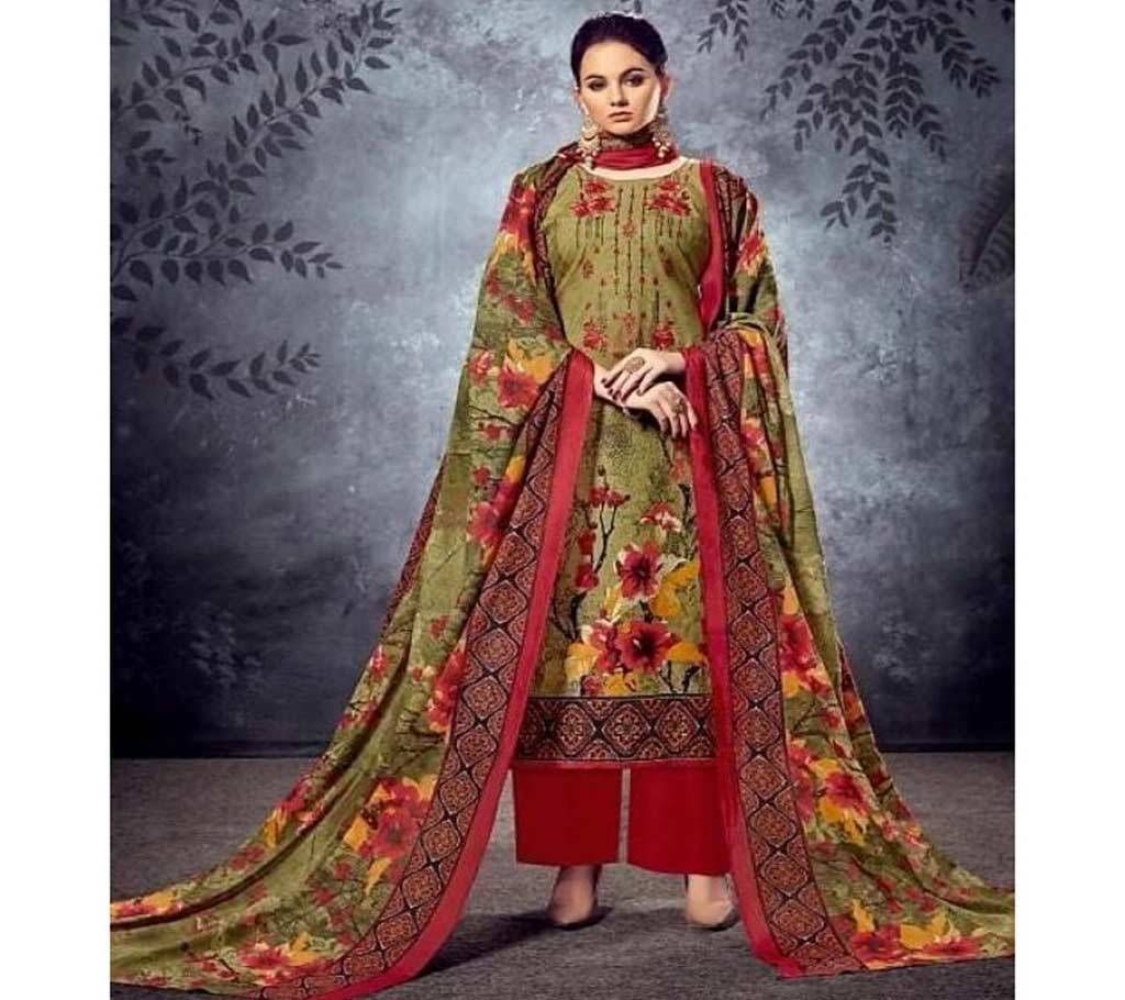 Unstitched Green Cotton Embroidery Indian 3pcs Selwar Kameez