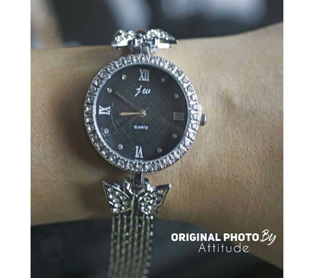 Blacksilverbutterfly014 Women Crystal Ctone Fashion Silver Quartz Wrist Watch