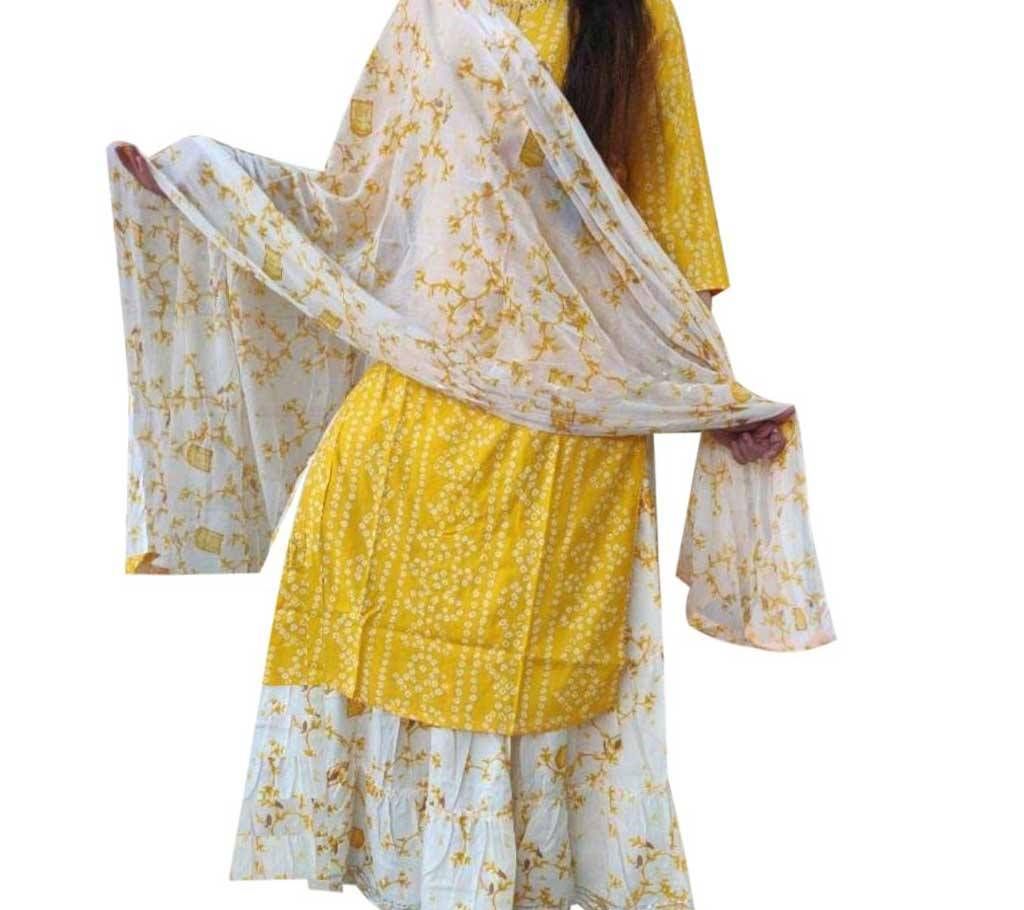 Yellow And White Block Printed Salwar Kameez For Women-free size