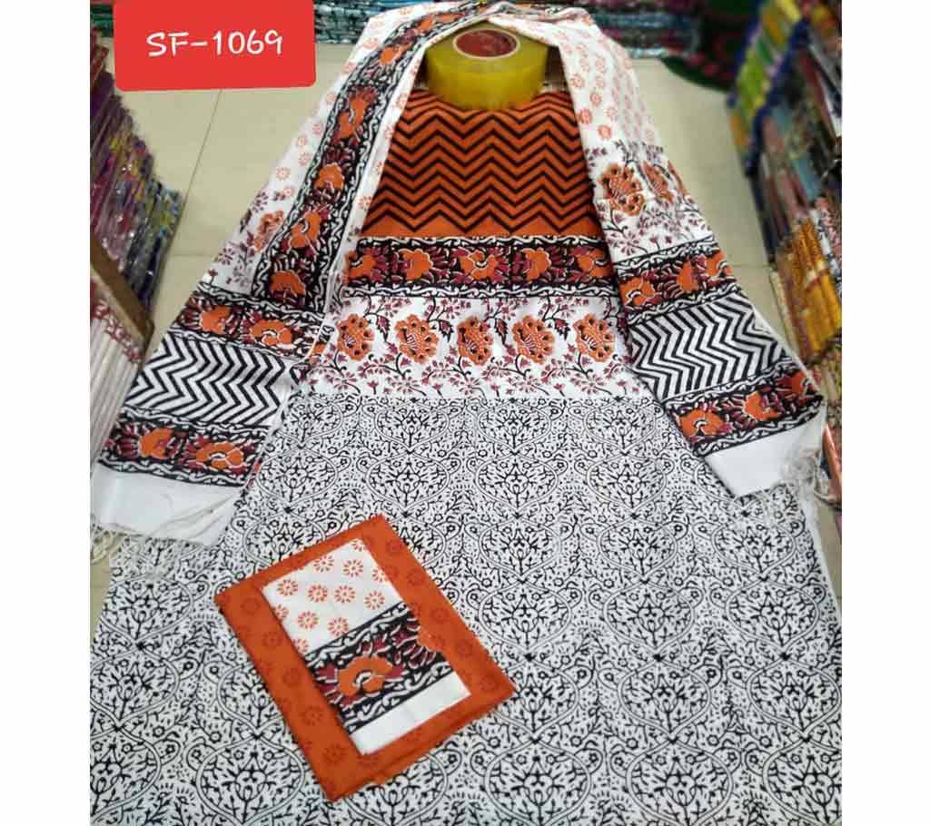 Block Printed Unstitched Cotton Three Piece - Black White Mix 