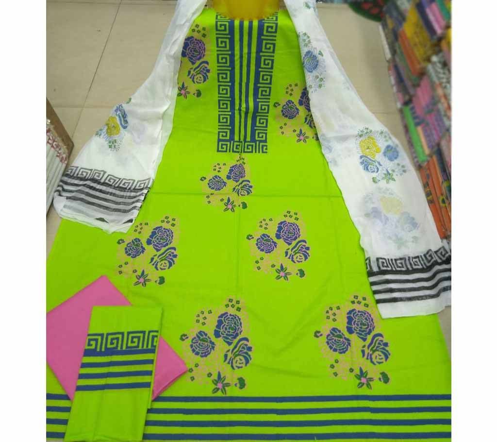 Block Printed Unstitched Cotton Three Piece - Light Green 