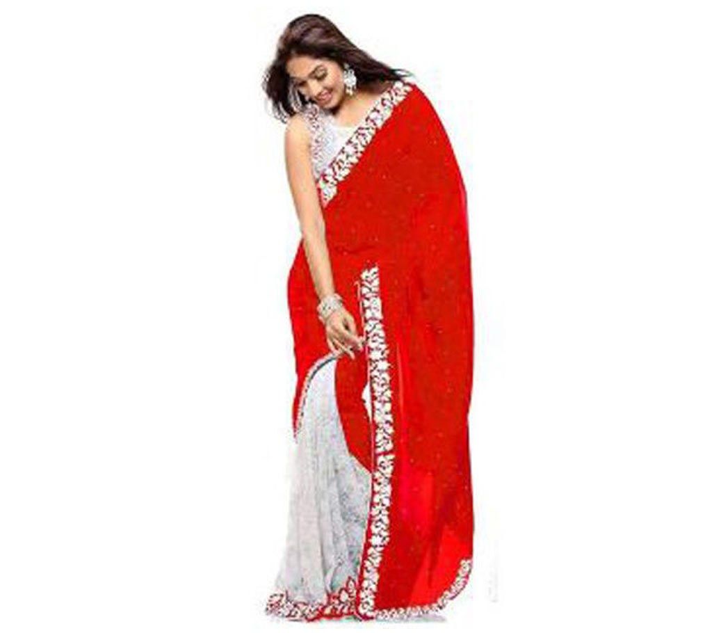 Red and white soft georgette sharee