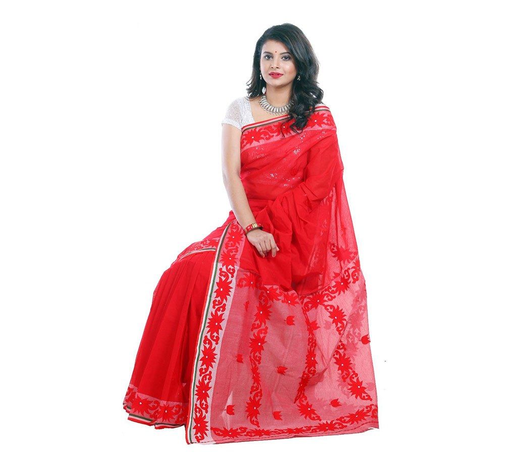 Red pure cotton hand embroidery with applique sharee