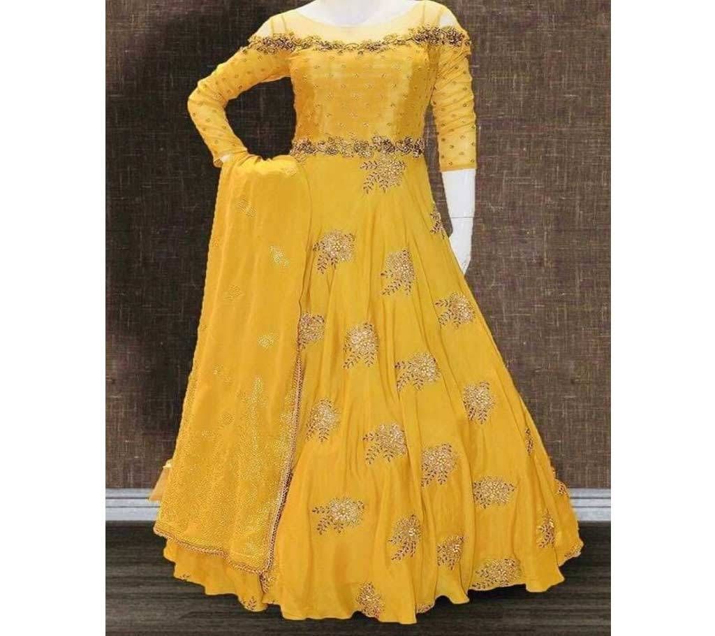 Unstitched yellow embroidered anarkali salwar suit Three Piece 
