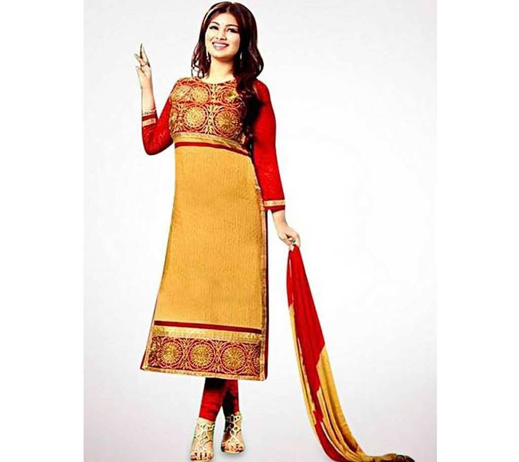 Unstitched Red & Yellow Cotton Block Printed Shalwar Kameez For Women