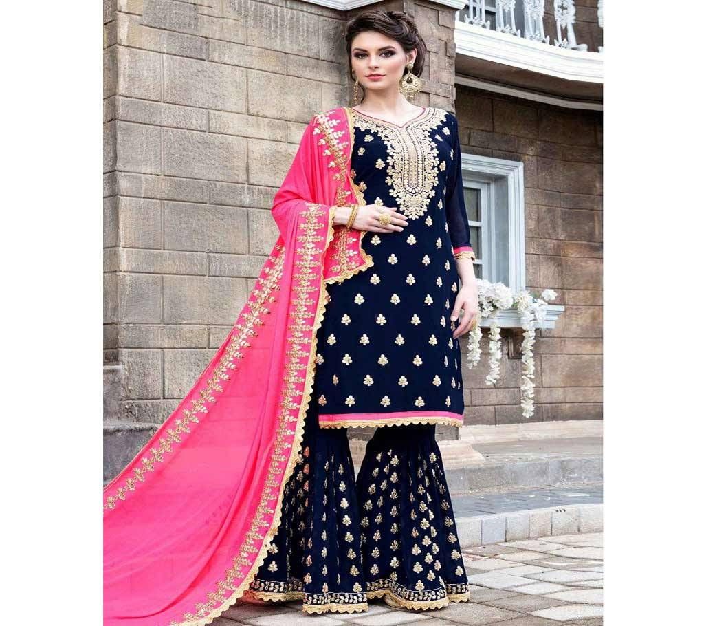 Unstitched Navy Blue Designe Sharara Salwar Suit with Heavy Work
