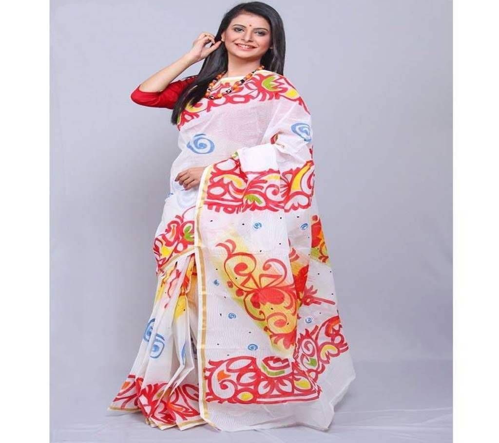 Hand Paint Printed Cotton Sharee- 13 White & Multi Color Design