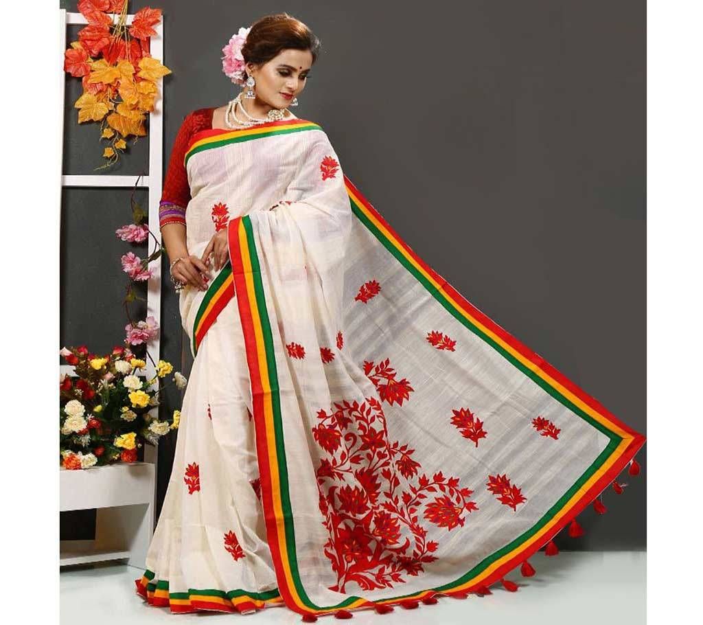 Off White and Flower Design in Body with Sea Green and Golden and Red Paar Silk Sharee - 129