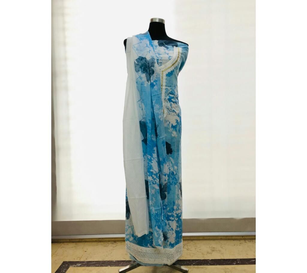 Eshani Sky Blue with Sky Blue and Cream Mix Dupatta Cotton 3Pcs Price