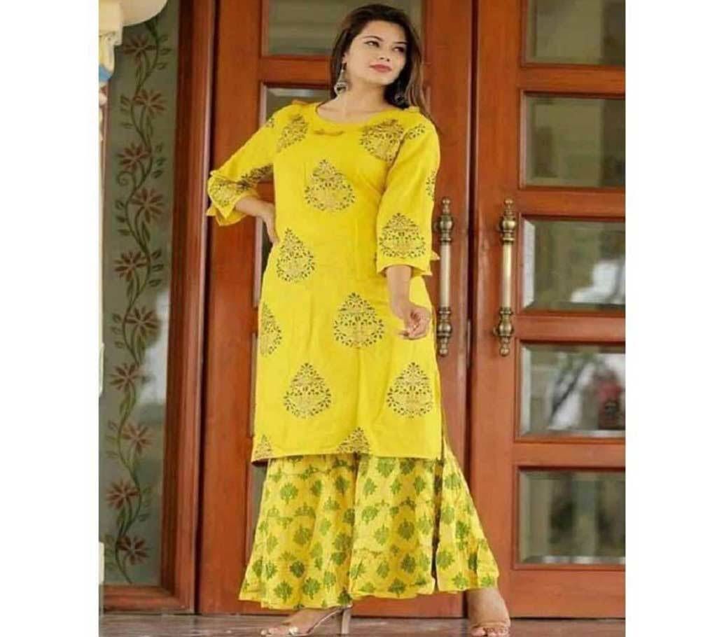  Yellow Block Printed 2 Piece Salwar Kameez for Women-free size