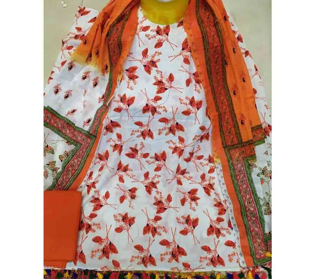 Unstitched Screen Print Cotton 3pcs 10 - White and Orange - SLF