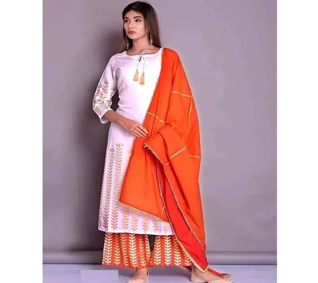 Latest White and Orange Block Printed 3 pieces Salwar Kameez for Women