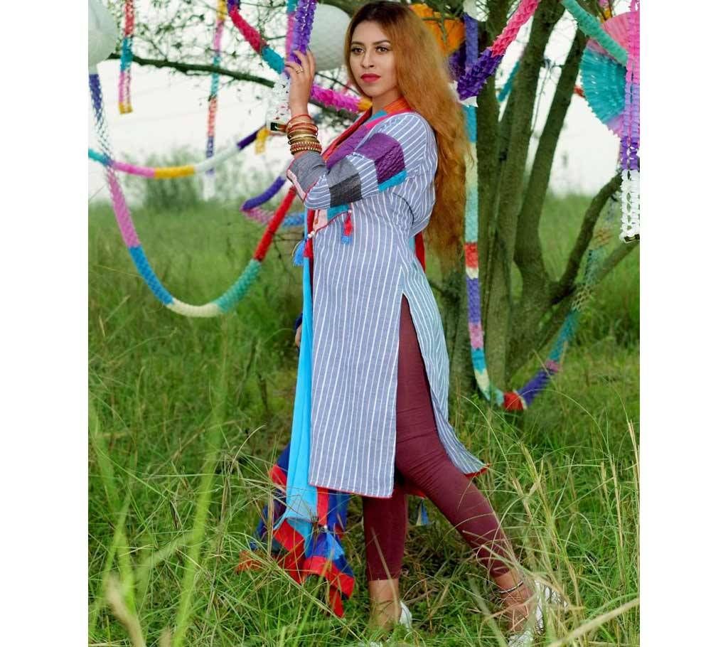 Stitched Blue Stripe Khadi Kameez 