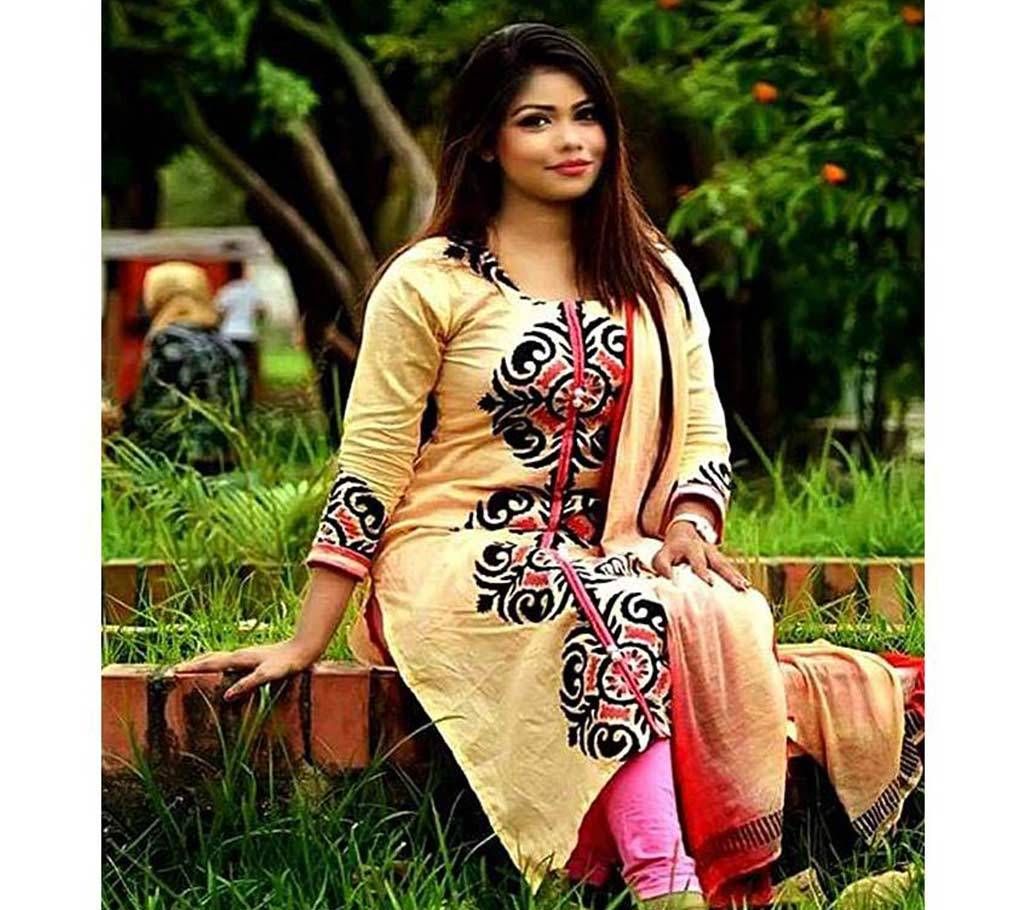 Unstitched Ivory Cotton Block Printed Shalwar Kameez 