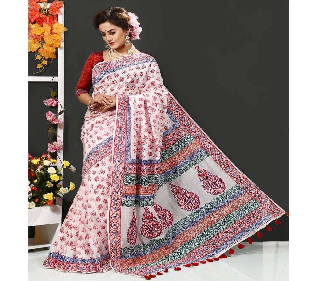 Off White with Pink Red Print Design in Whole Body Silk Sharee - 128