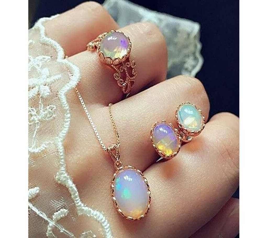 DreamBell 3 Pcs/set Women Luxury Opal Ring Stud Earrings Necklace Wedding Jewelry Set