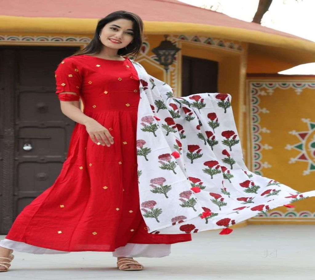 Red-White Unstitched Free size Printed and Mirror work Cotton Three piece For women