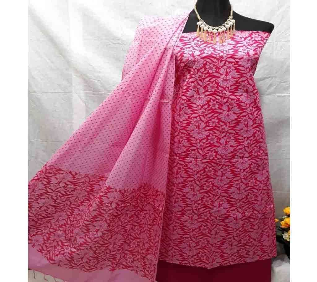 Unstitched Screen Print Cotton 3pcs 09 - Pink - SLF