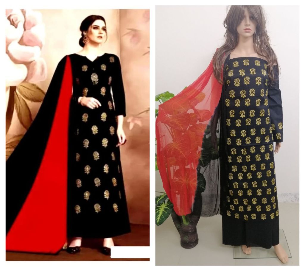Unstitched Cotton Block 3Pcs 20 - Black with Red Dupatta