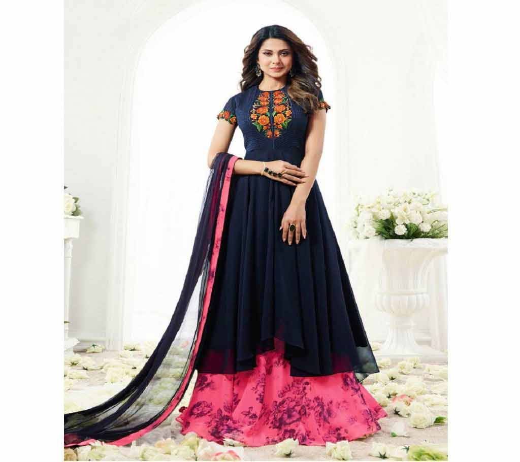 Hot Pink And Navy Blue Embroidered Anarkali Suit
