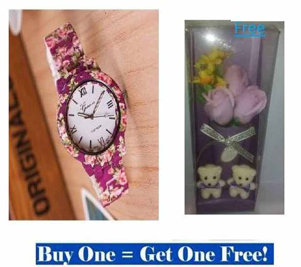 Floral Printed Ladies Watch (Artificial Rose Free)