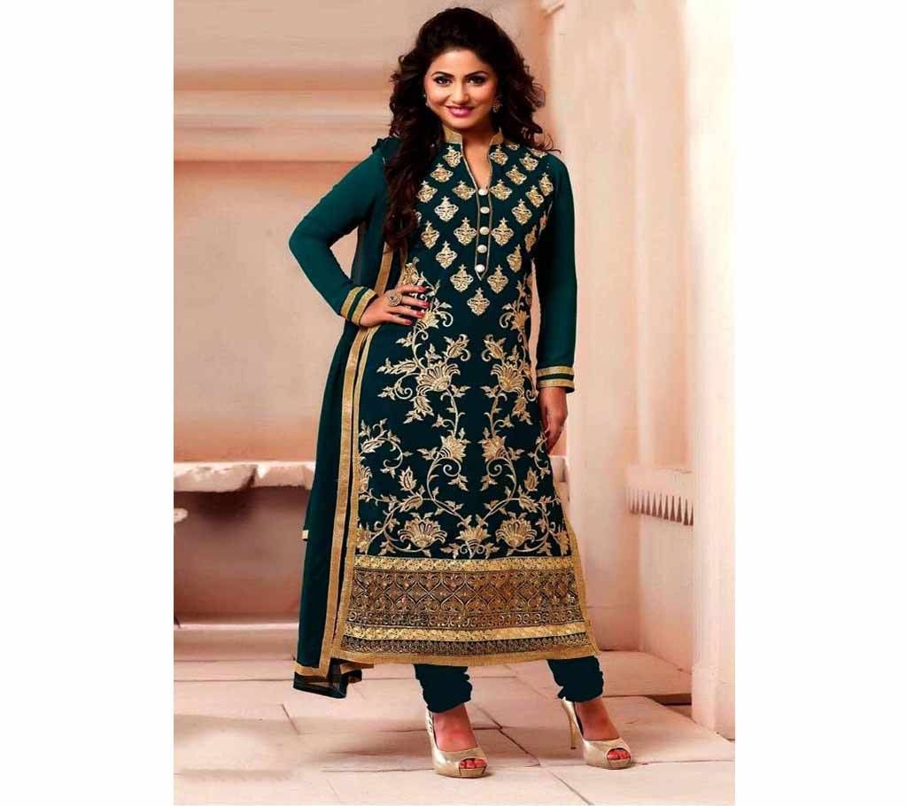 Unstitched Teal Cotton Block Printed Shalwar Kameez For Women