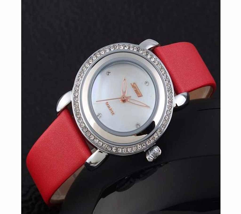 Skmei 9093 - Red Leather Analog Watch for Women