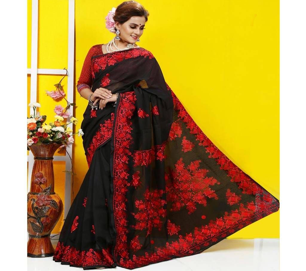 Black with Red Orange Flower Design in Whole Body Silk Sharee - 127