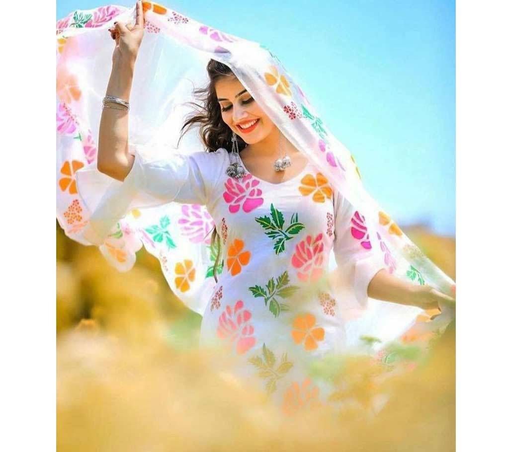  White and multi color Block Printed Salwar Kameez for Women-free size
