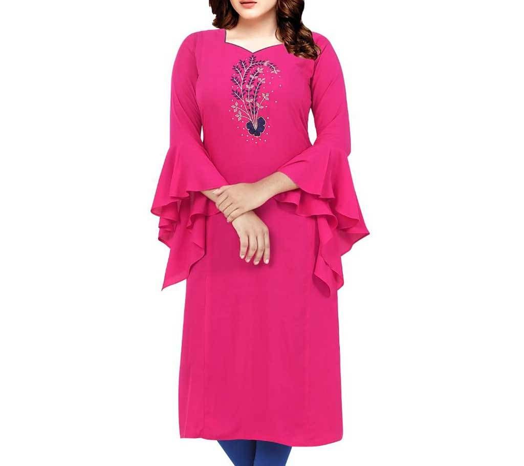 Hot Pink Lilen Stitched Embroidery Kurti - D_158 - DSZ